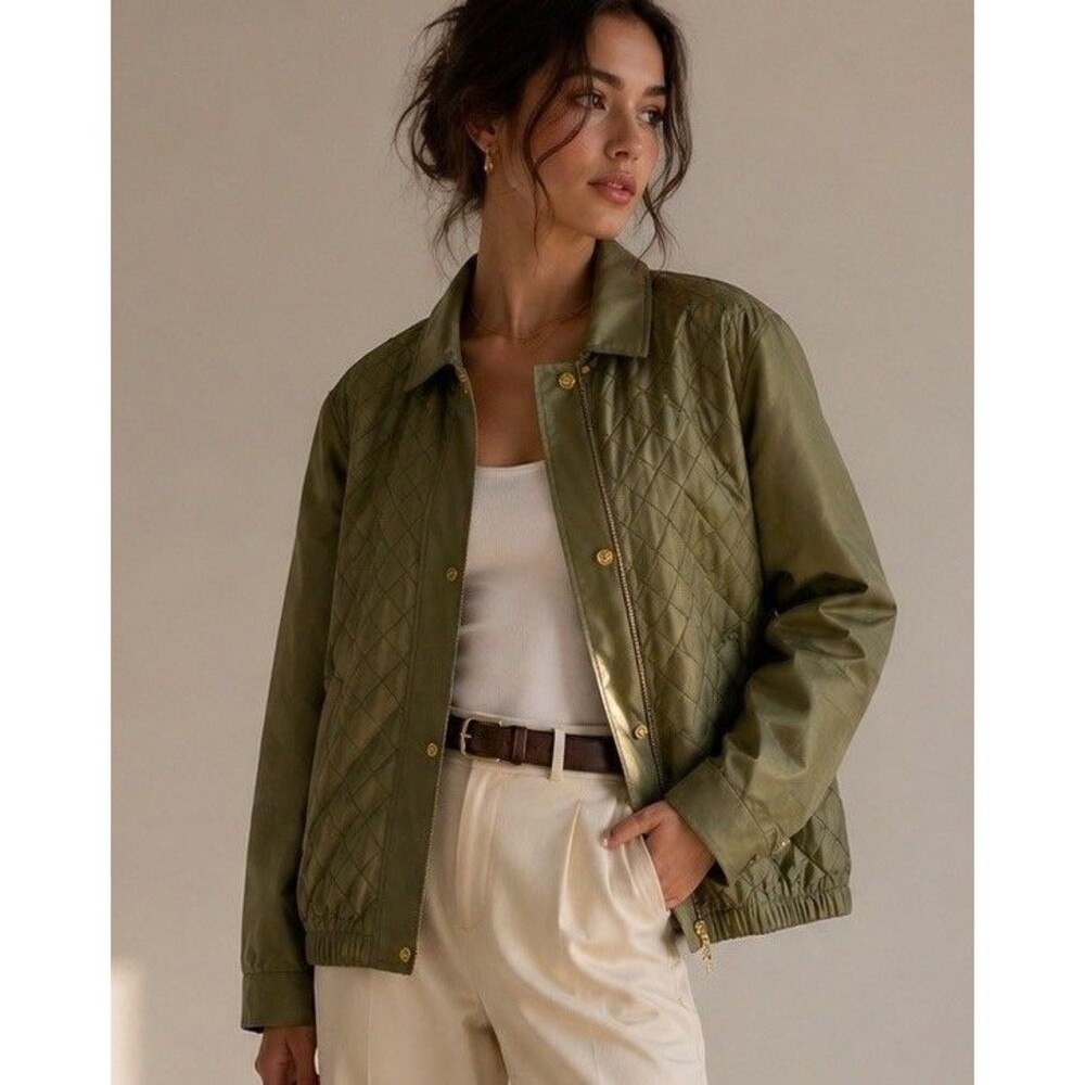 Luxury 100% Silk Bomber Jacket Women Olive Green Quilted Gold Button Y2K